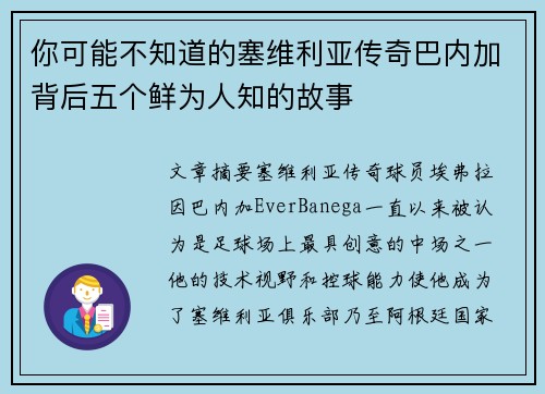 你可能不知道的塞维利亚传奇巴内加背后五个鲜为人知的故事