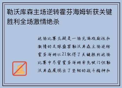 勒沃库森主场逆转霍芬海姆斩获关键胜利全场激情绝杀